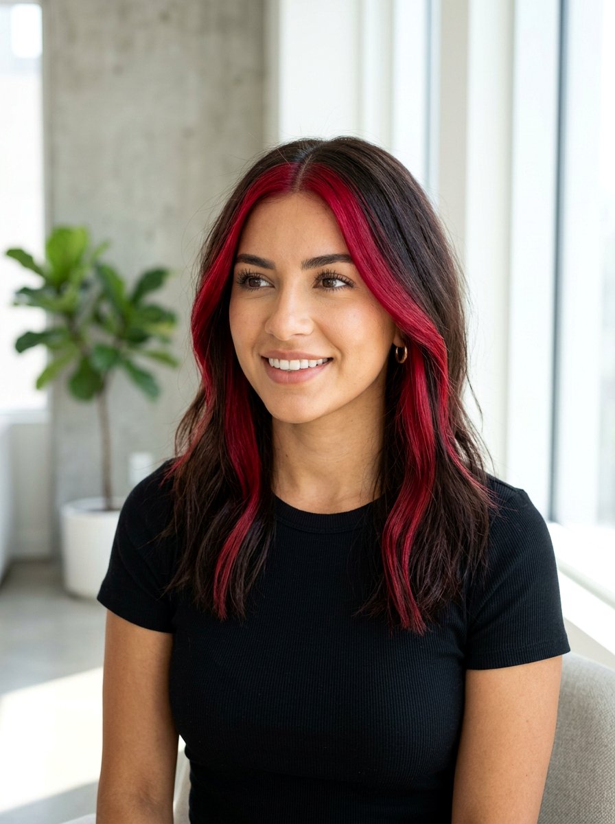 Ruby Red Money Piece on Brunette Hair - 20 ruby balayage on brunette hair - 20 ruby balayage on brunette hair