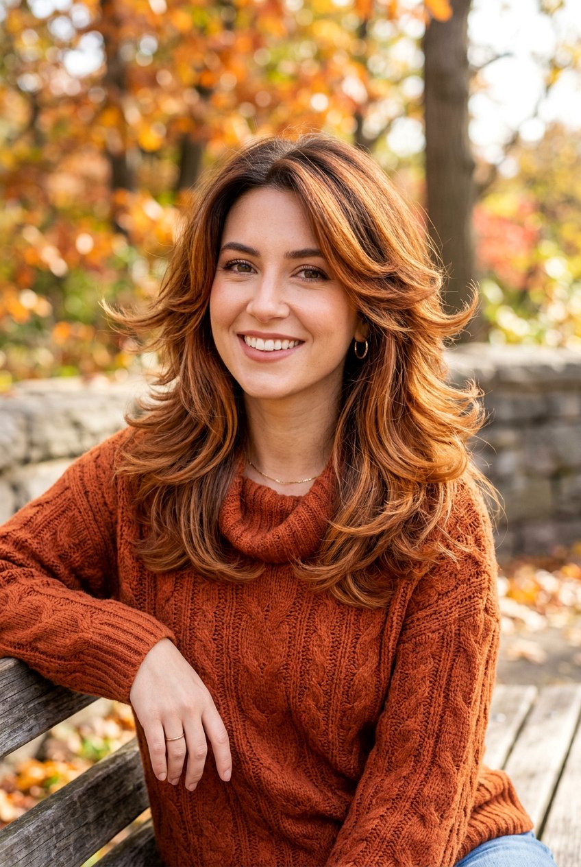 Rust Brunette Balayage With Feathered Layers - 20 autumn brunette balayage ideas - 20 autumn brunette balayage ideas