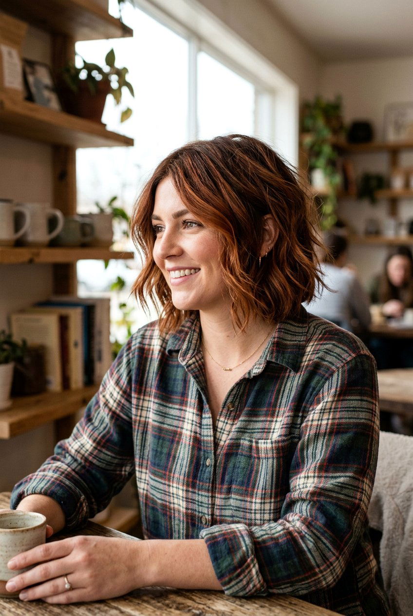 Rustic Auburn Highlights On A Textured Brunette Bob - 20 autumn auburn highlights for brunettes - 20 autumn auburn highlights for brunettes