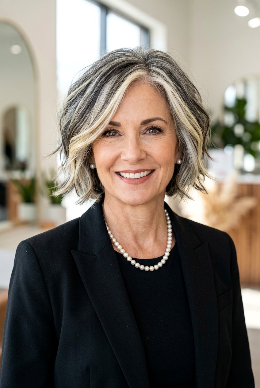 Salt And Pepper Bob Blonde Highlights - 20 gray blending bob with highlights - 20 gray blending bob with highlights