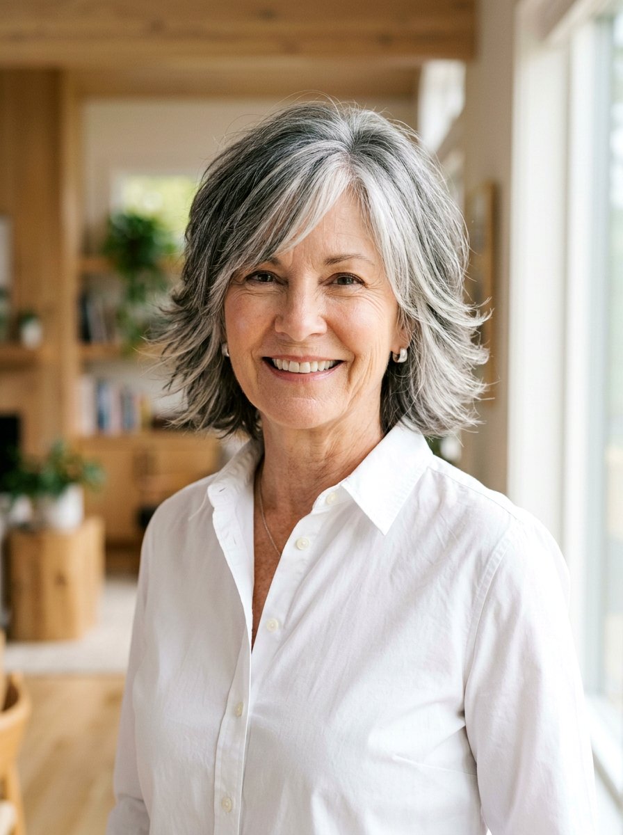 Salt And Pepper Feathered Bob - 20 short feathered bob for women over 60 - 20 short feathered bob for women over 60