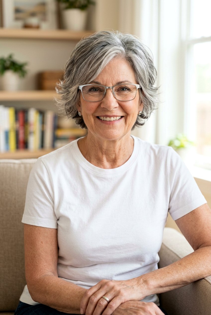 Salt And Pepper Layered Crop - 20 layered haircut for women over 70 with glasses - 20 layered haircut for women over 70 with glasses