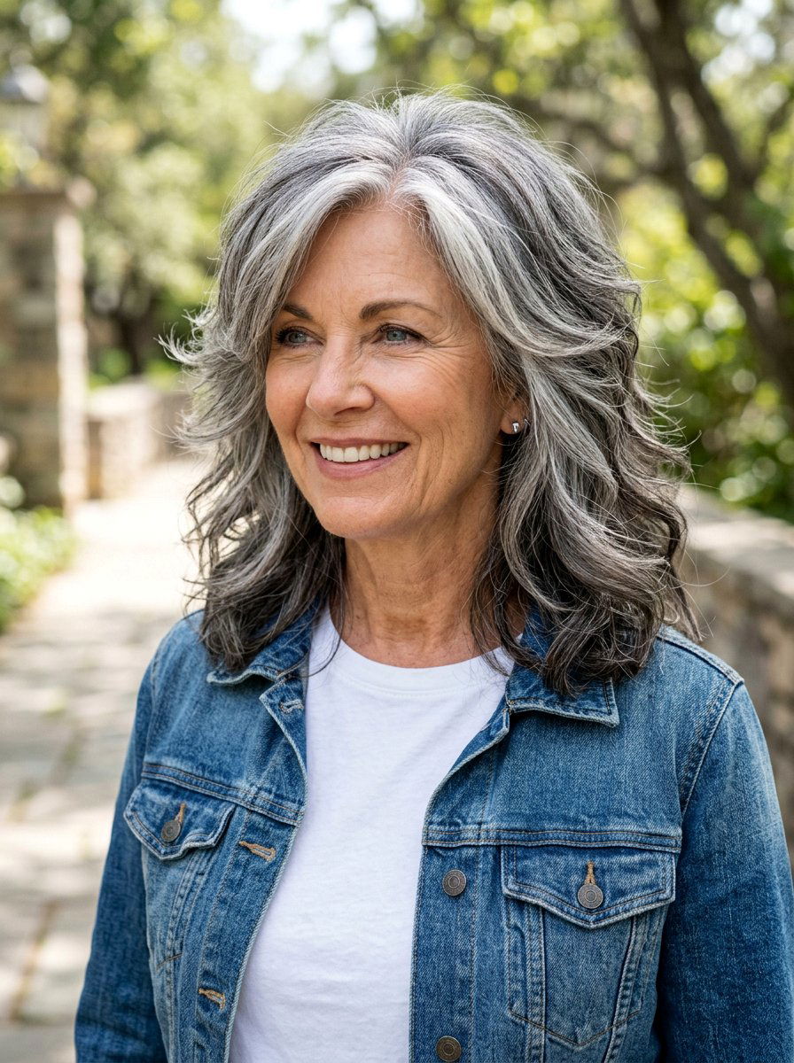 Salt And Pepper Layered Haircut - 20 dimensional gray blend for mature women - 20 dimensional gray blend for mature women