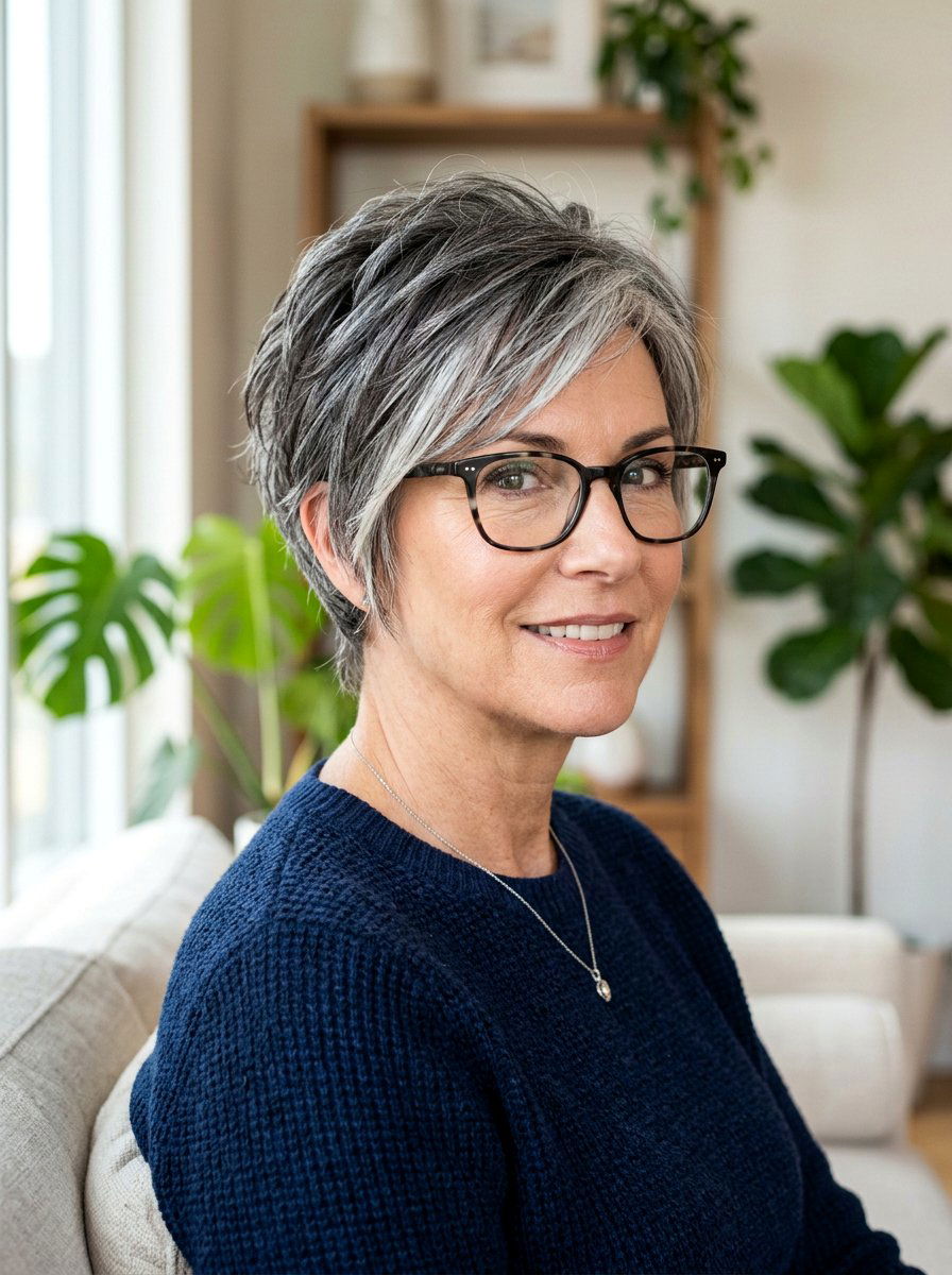Salt And Pepper Layered Pixie - 20 soft feathered pixie for older women - 20 soft feathered pixie for older women