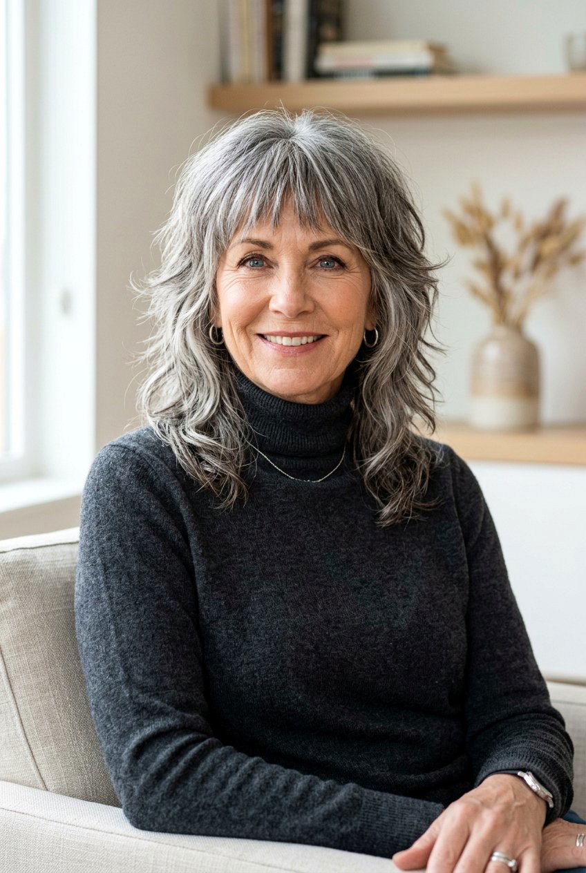 Salt And Pepper Layered Shag - 20 medium shag for women over 60 with bangs - 20 medium shag for women over 60 with bangs