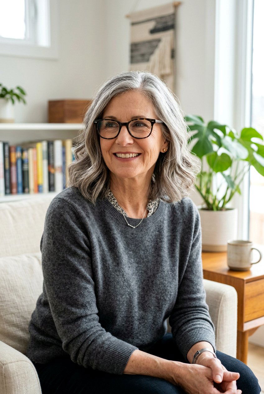 Salt And Pepper Lob - 20 hairstyles for women over 60 with glasses - 20 hairstyles for women over 60 with glasses