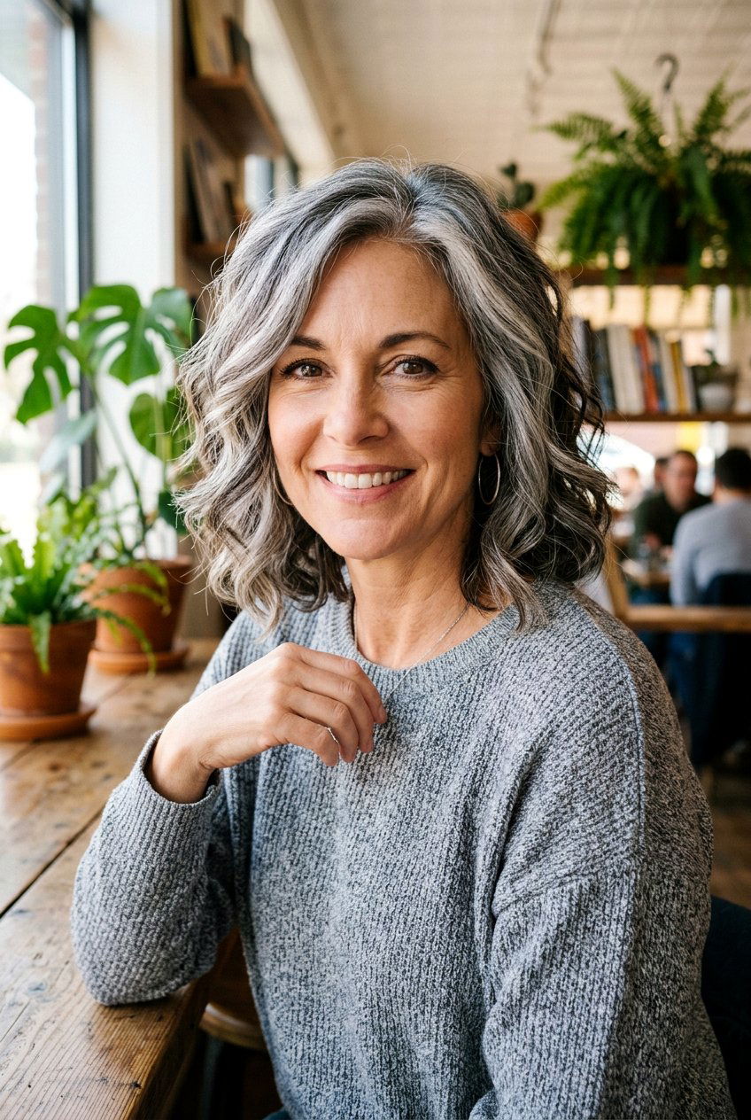 Salt And Pepper Lob With Face Framing Layers - 20 gray hair with face framing layers - 20 gray hair with face framing layers