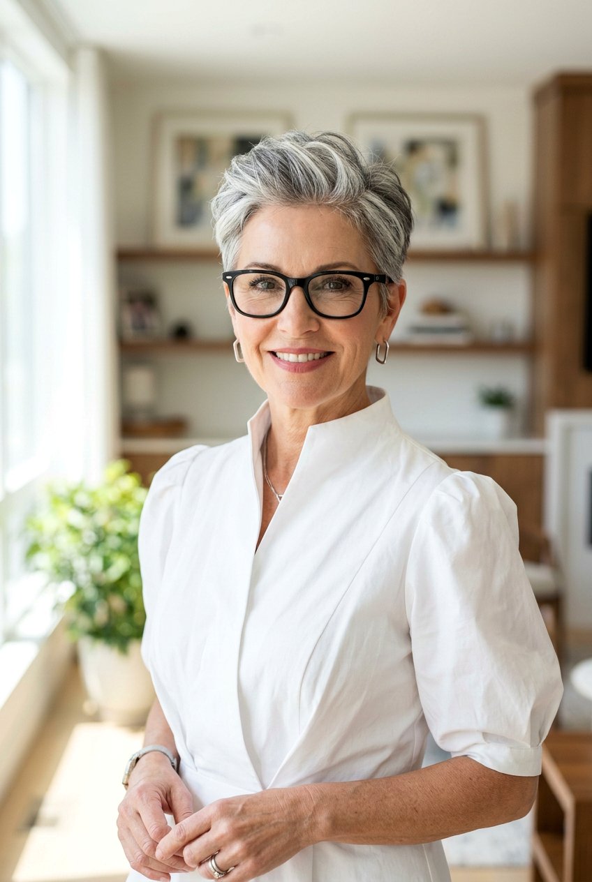 Salt And Pepper Pixie - 20 hairstyles for women with glasses over 40 - 20 hairstyles for women with glasses over 40