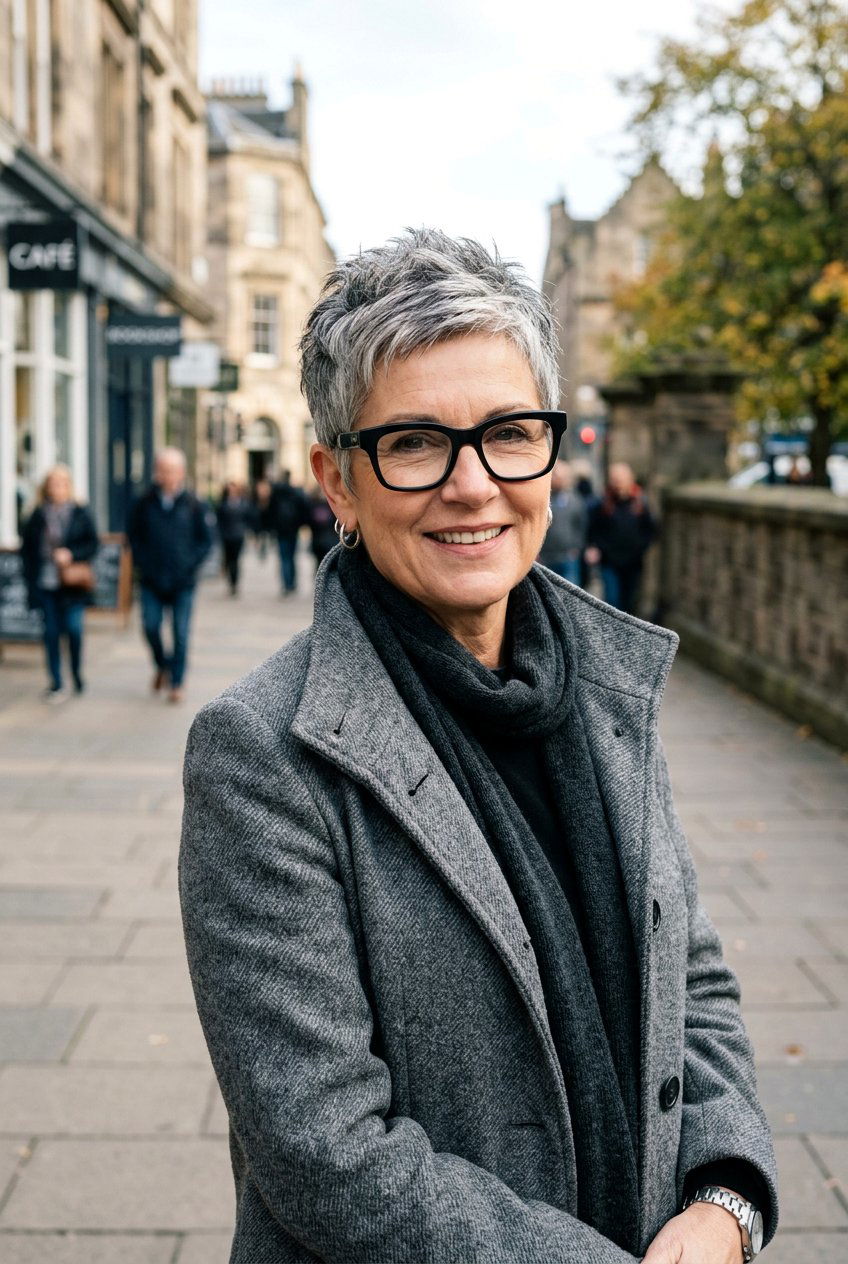 Salt And Pepper Pixie - 20 hairstyles for women with glasses over 50 - 20 hairstyles for women with glasses over 50