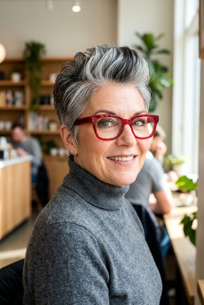 Salt And Pepper Pixie Haircut - 20 elegant pixie for mature women with glasses - 20 elegant pixie for mature women with glasses