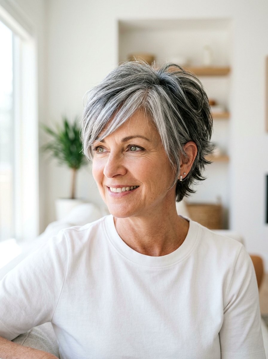 Salt And Pepper Pixie With Side Swept Bangs - 20 pixie cut with side swept bangs for older women - 20 pixie cut with side swept bangs for older women