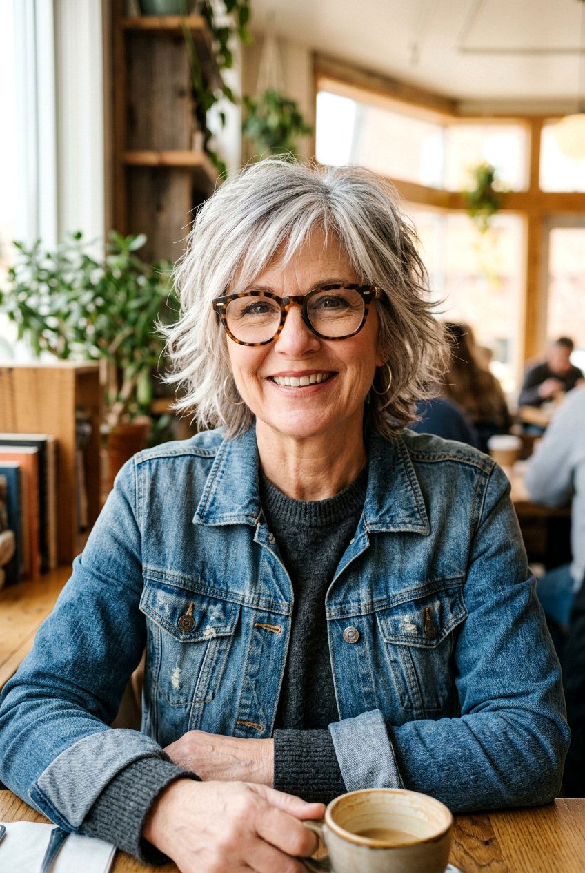 Salt And Pepper Shag - 20 gray hairstyles for women with glasses - 20 gray hairstyles for women with glasses