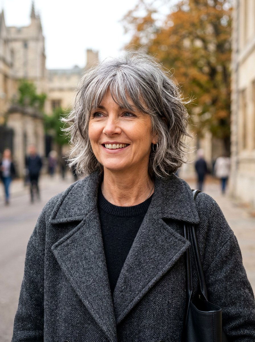 Salt And Pepper Shaggy Bob - 20 layered bob with curtain bangs for women over 50 - 20 layered bob with curtain bangs for women over 50