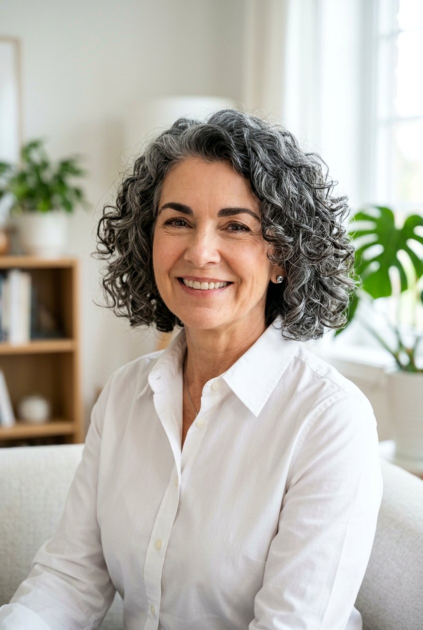 Salt and Pepper Curly Bob - 20 curly bob for women over 50 - 20 curly bob for women over 50