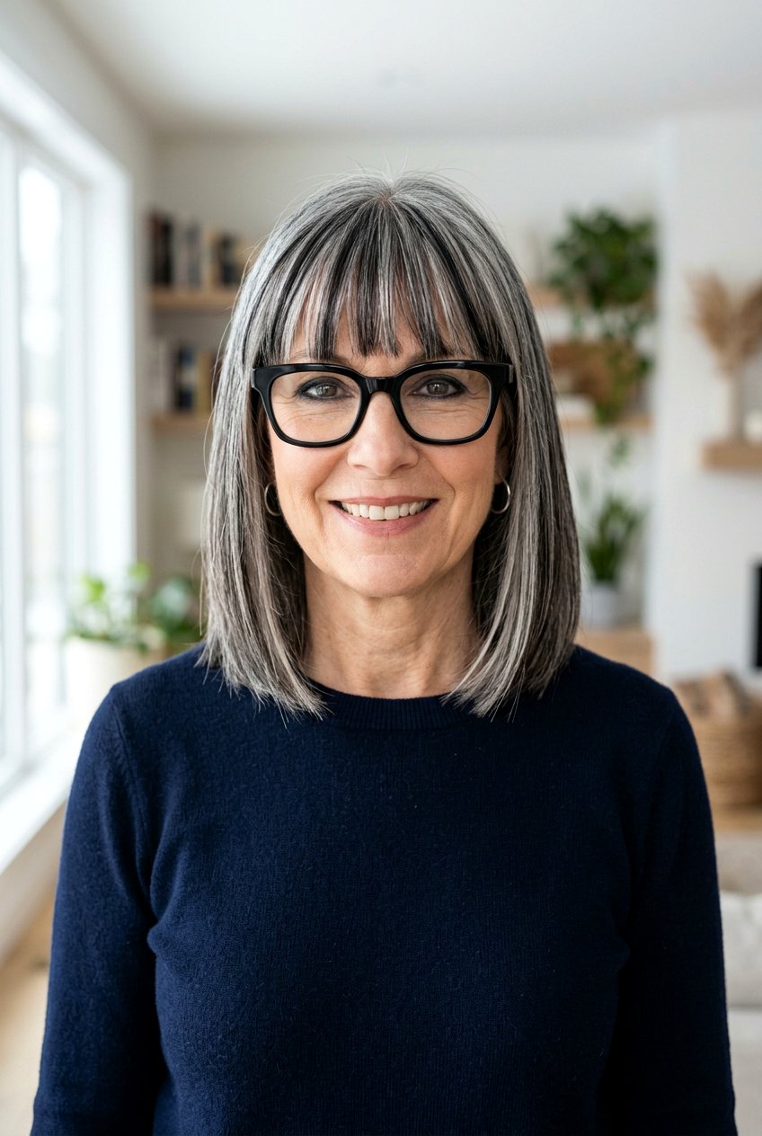 Salt and Pepper Fringe with Deep Black Lowlights - 20 salt and pepper blend with lowlights - 20 salt and pepper blend with lowlights