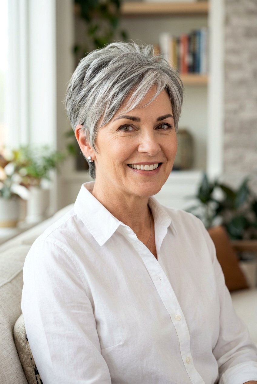 Salt and Pepper Pixie with Slate Lowlights - 20 salt and pepper blend with lowlights - 20 salt and pepper blend with lowlights