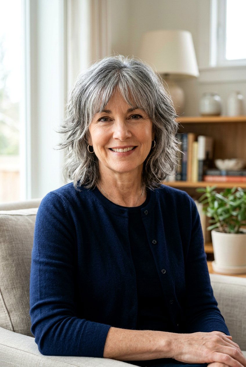 Salt and Pepper Shag With Soft Fringe - 20 shag haircut with wispy fringe - 20 shag haircut with wispy fringe