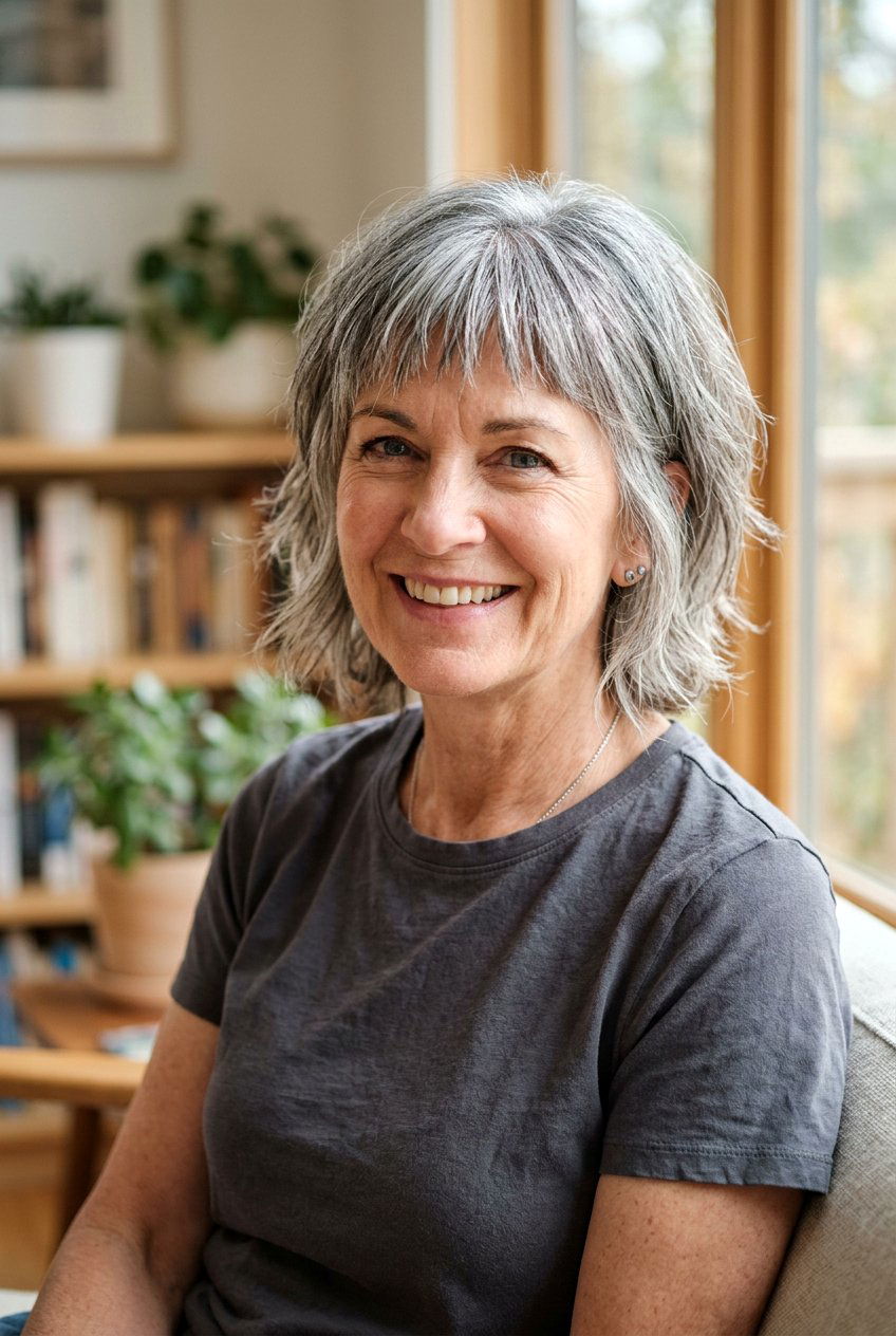 Salt and Pepper Textured Fringe - 20 soft fringe haircut for mature women - 20 soft fringe haircut for mature women