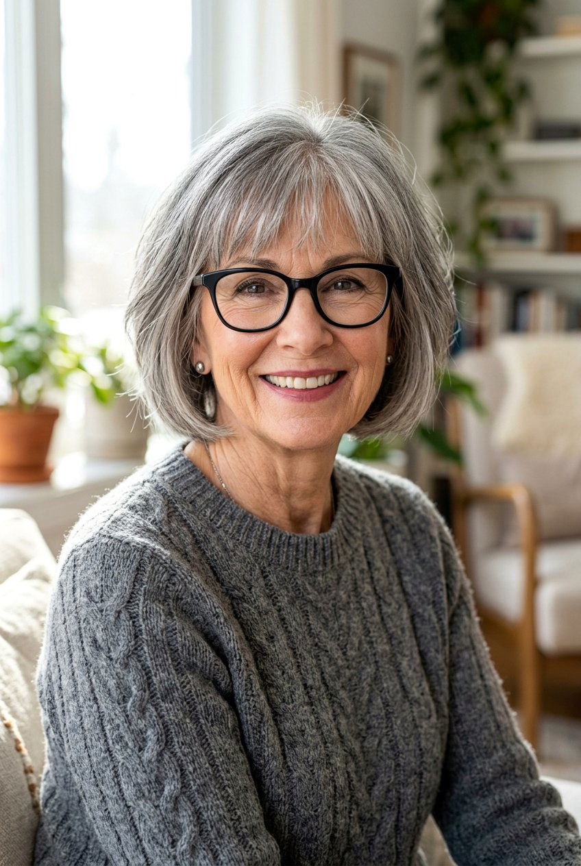 Salt and pepper bob with fringe - 20 hairstyles for women with glasses over 60 - 20 hairstyles for women with glasses over 60