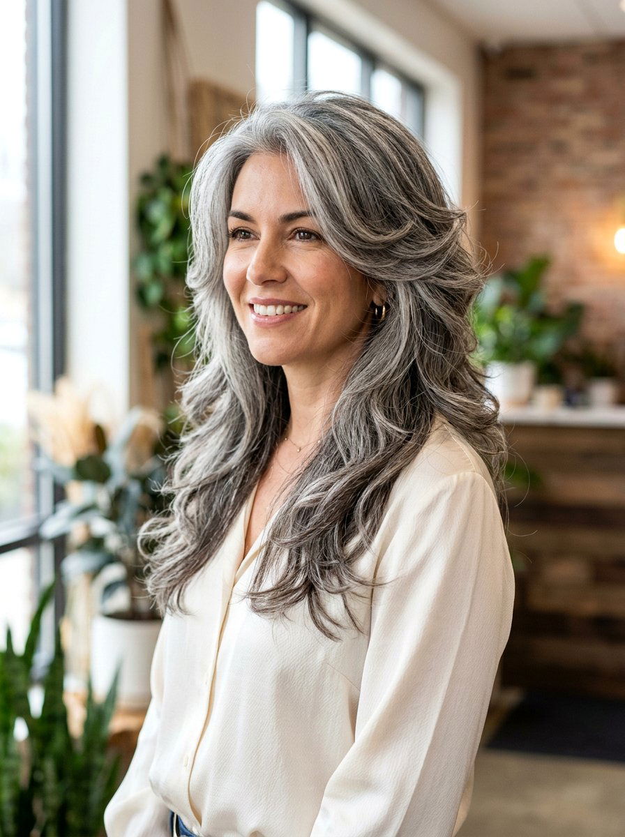 Salt and pepper butterfly cut - 20 shoulder length gray layered haircut - 20 shoulder length gray layered haircut