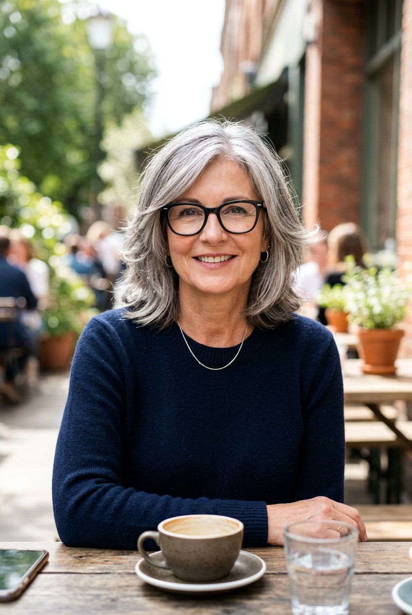 Salt and pepper layered lob - 20 hairstyles for women over 50 with glasses - 20 hairstyles for women over 50 with glasses