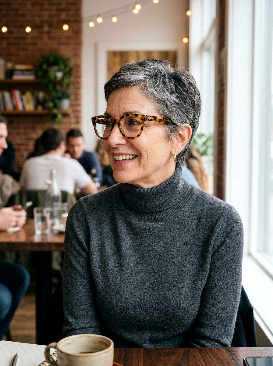 Salt and pepper pixie - 20 pixie haircuts for women with glasses - 20 pixie haircuts for women with glasses