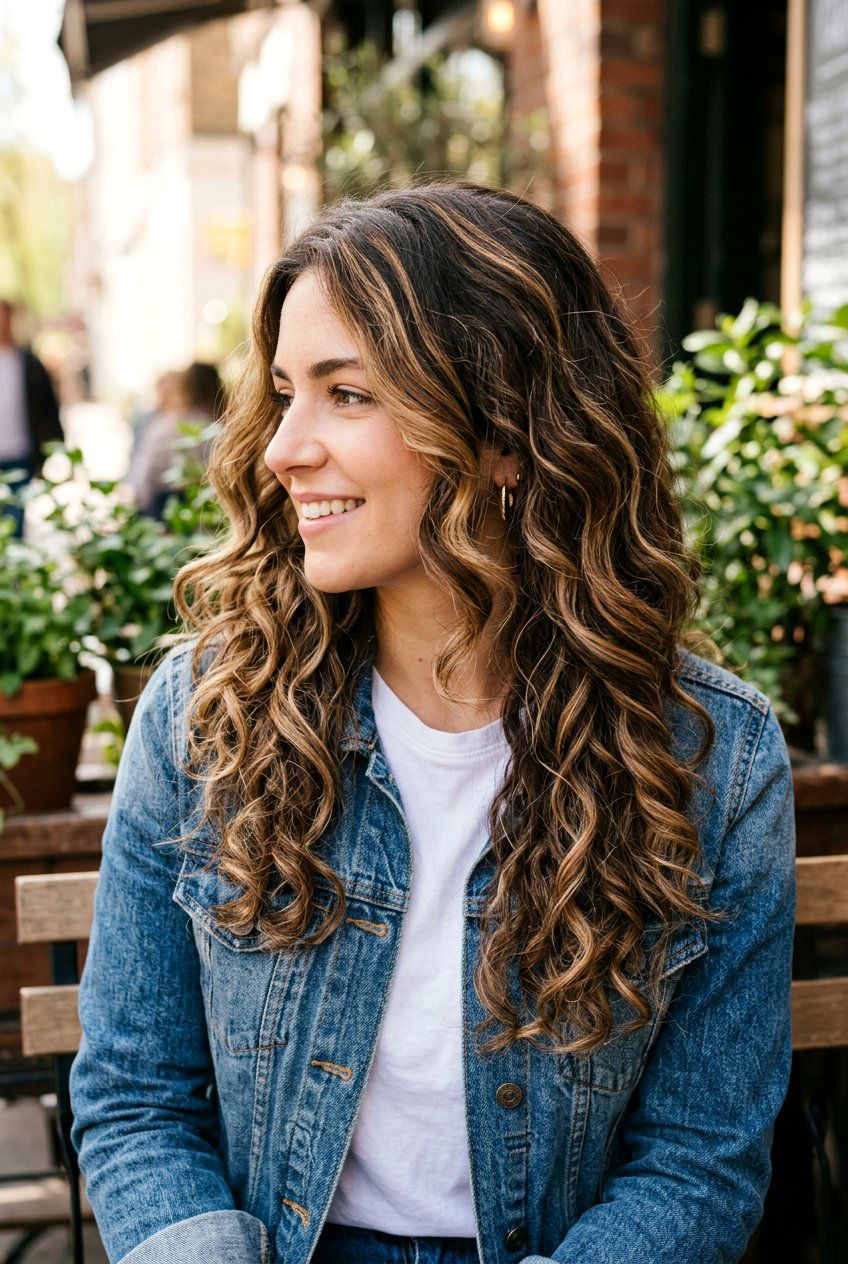 Salted caramel ribbons on wavy hair - 20 delicate caramel ribbons for mature brunettes - 20 delicate caramel ribbons for mature brunettes