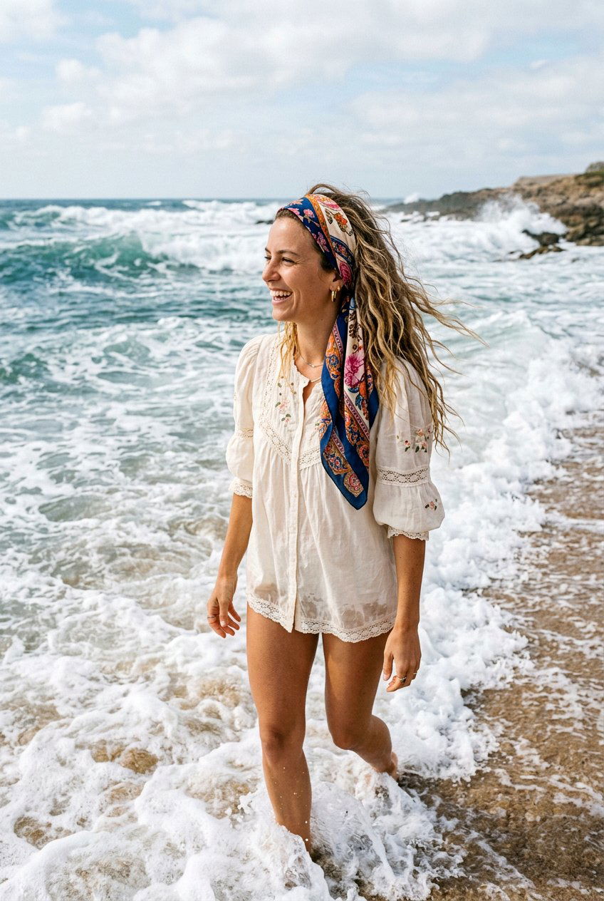 Saltwater Waves With A Silk Scarf - 20 beach hairstyle with saltwater waves - 20 beach hairstyle with saltwater waves