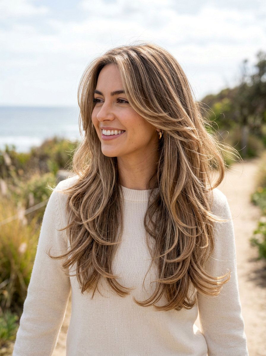 Sandy Beige Balayage On Layered Hair - 20 sandy beige balayage - 20 sandy beige balayage