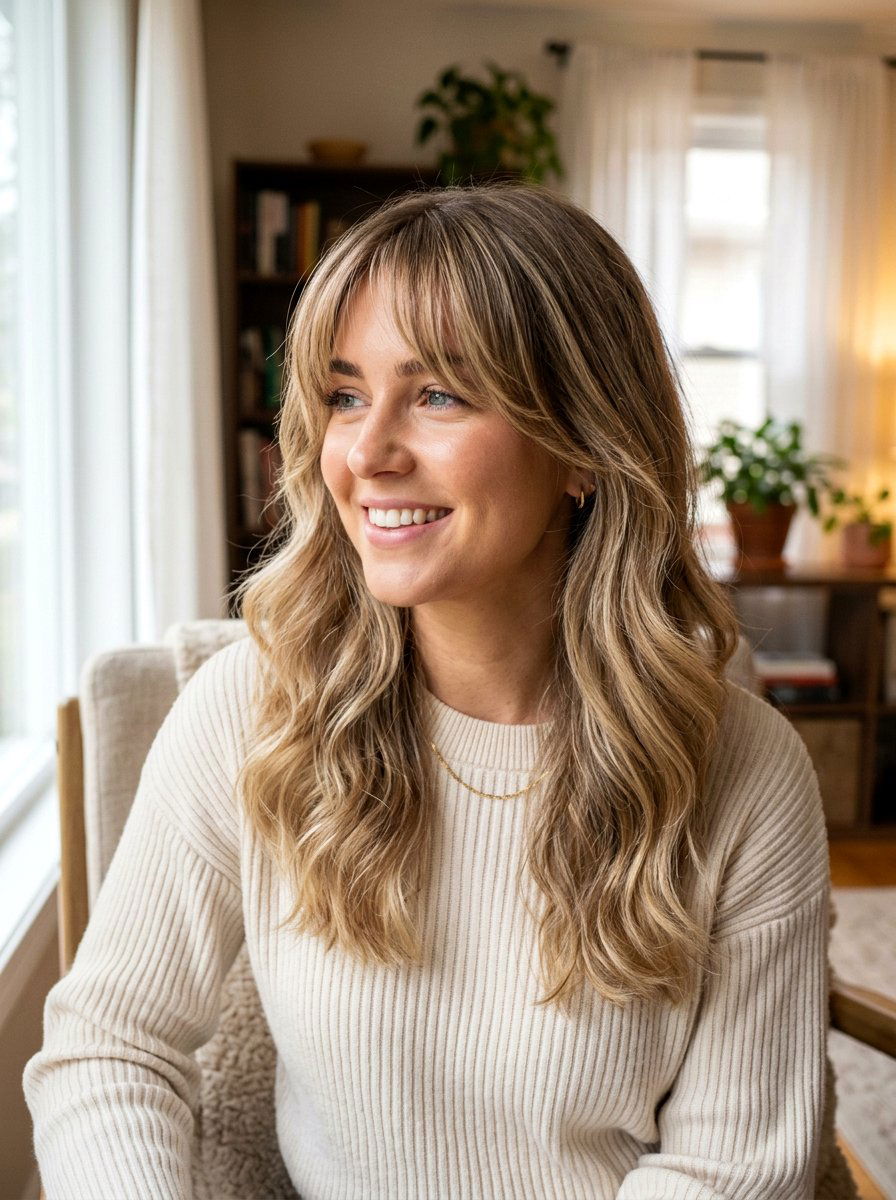 Sandy Blonde Balayage With Curtain Bangs - 20 summer sandy blonde balayage - 20 summer sandy blonde balayage