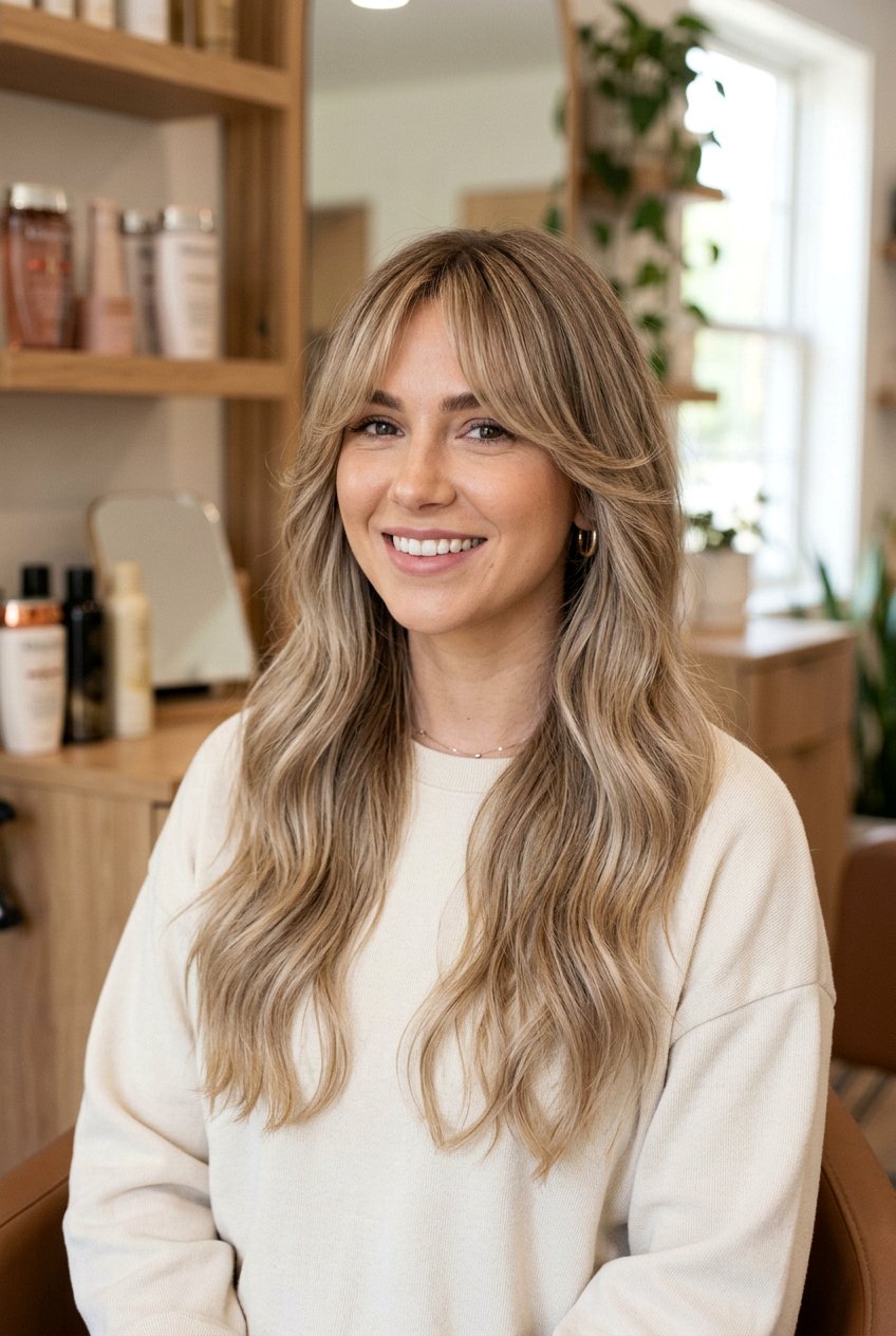 Sandy Blonde Balayage with Curtain Bangs - 20 dimensional blonde balayage - 20 dimensional blonde balayage