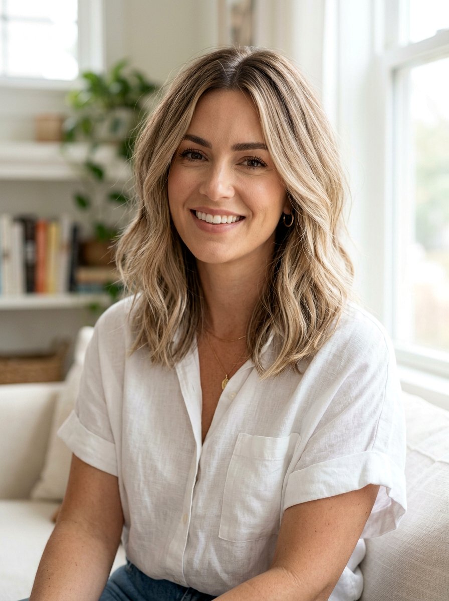 Sandy Blonde Shadow Root Layered Lob - 20 dimensional blonde for layered lob - 20 dimensional blonde for layered lob