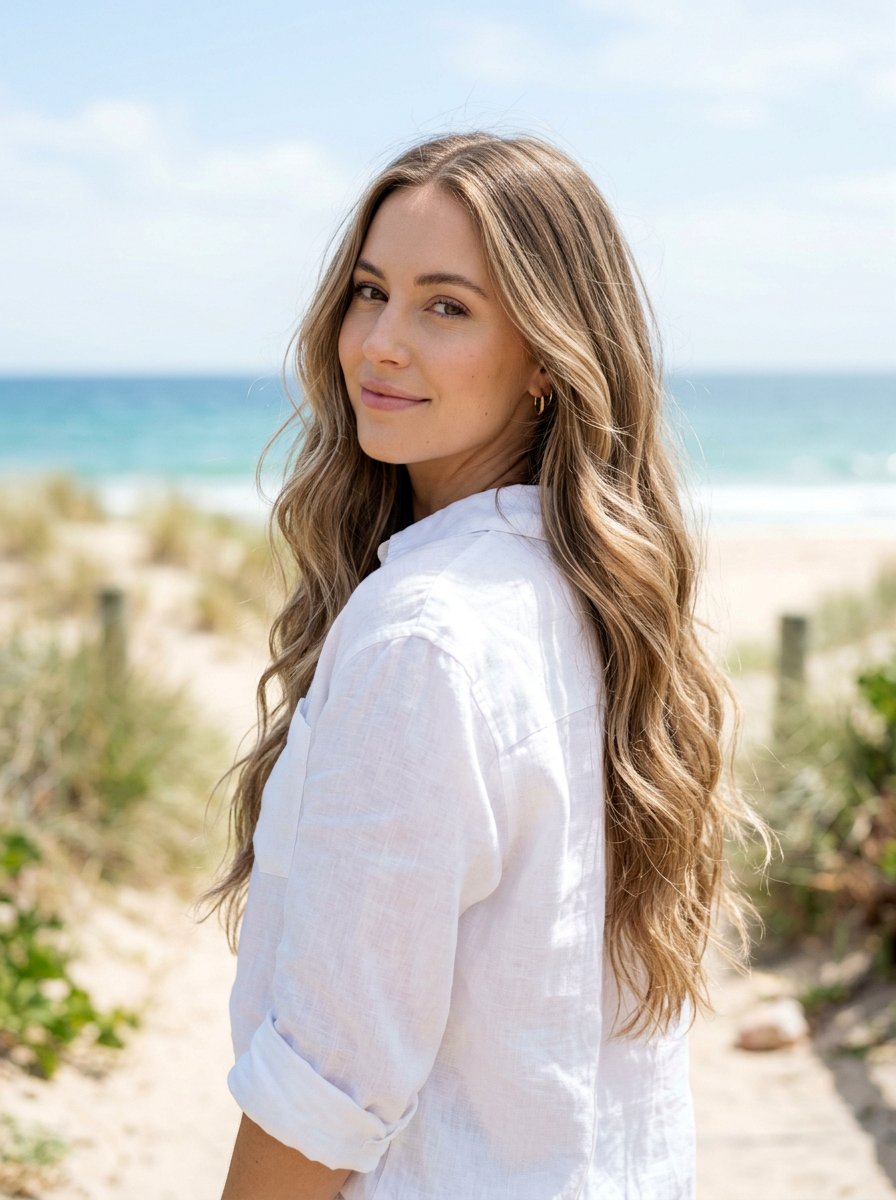 Sandy Bronde Babylights on Long Wavy Hair - 20 sandy bronde with babylights - 20 sandy bronde with babylights