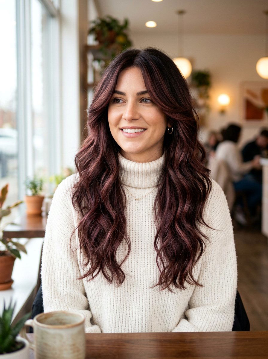 Sangria Brunette Balayage On Long Layers - 20 sangria brunette balayage - 20 sangria brunette balayage