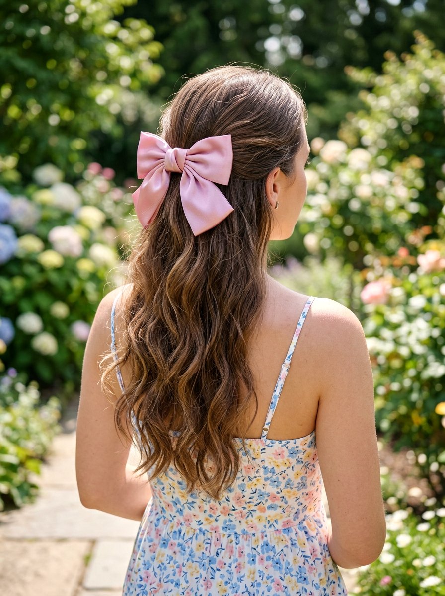 Satin Bow Half Up Waves - 20 ribbon bow half up hairstyle - 20 ribbon bow half up hairstyle