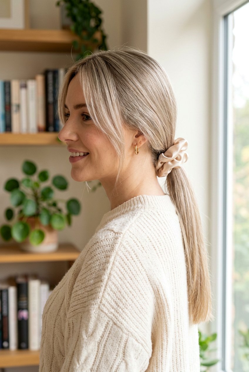 Satin Scrunchie Low Ponytail With Face Framing Pieces - 20 low ponytail with face framing pieces - 20 low ponytail with face framing pieces