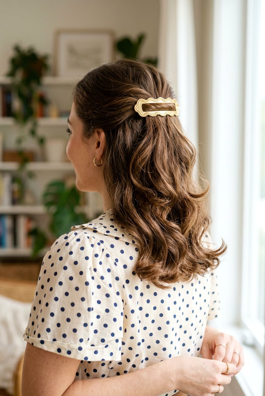 Scalloped Edge Barrette Half Up - 20 barrette half up hairstyle - 20 barrette half up hairstyle
