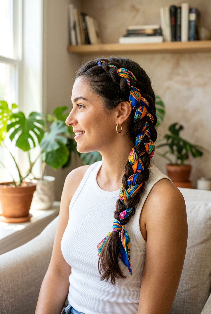 Scarf Braided Tail - 20 easy morning hairstyle for long layers - 20 easy morning hairstyle for long layers