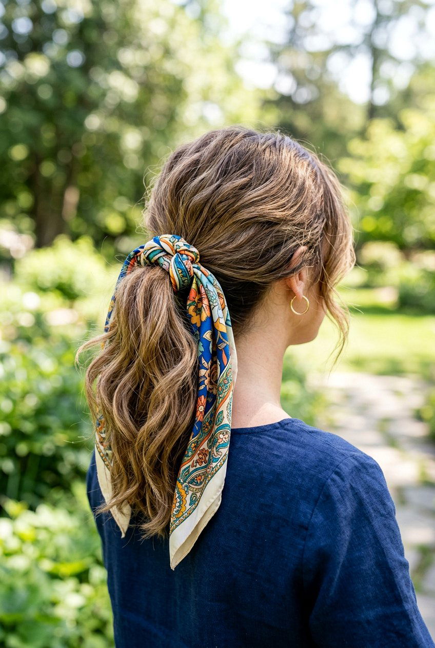 Scarf Ponytail - 20 easy hairstyles for medium hair - 20 easy hairstyles for medium hair