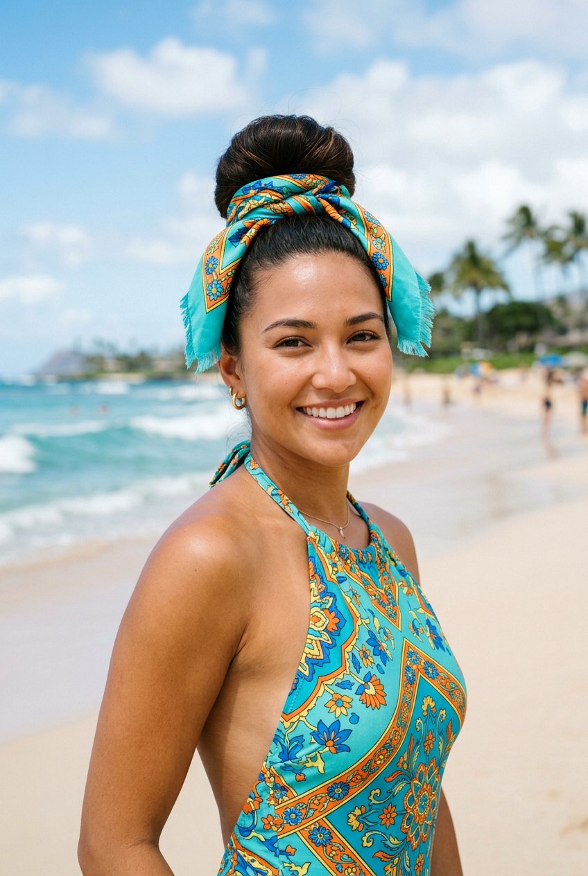 Scarf Tied High Bun - 20 beach hairstyle for vacation photos - 20 beach hairstyle for vacation photos