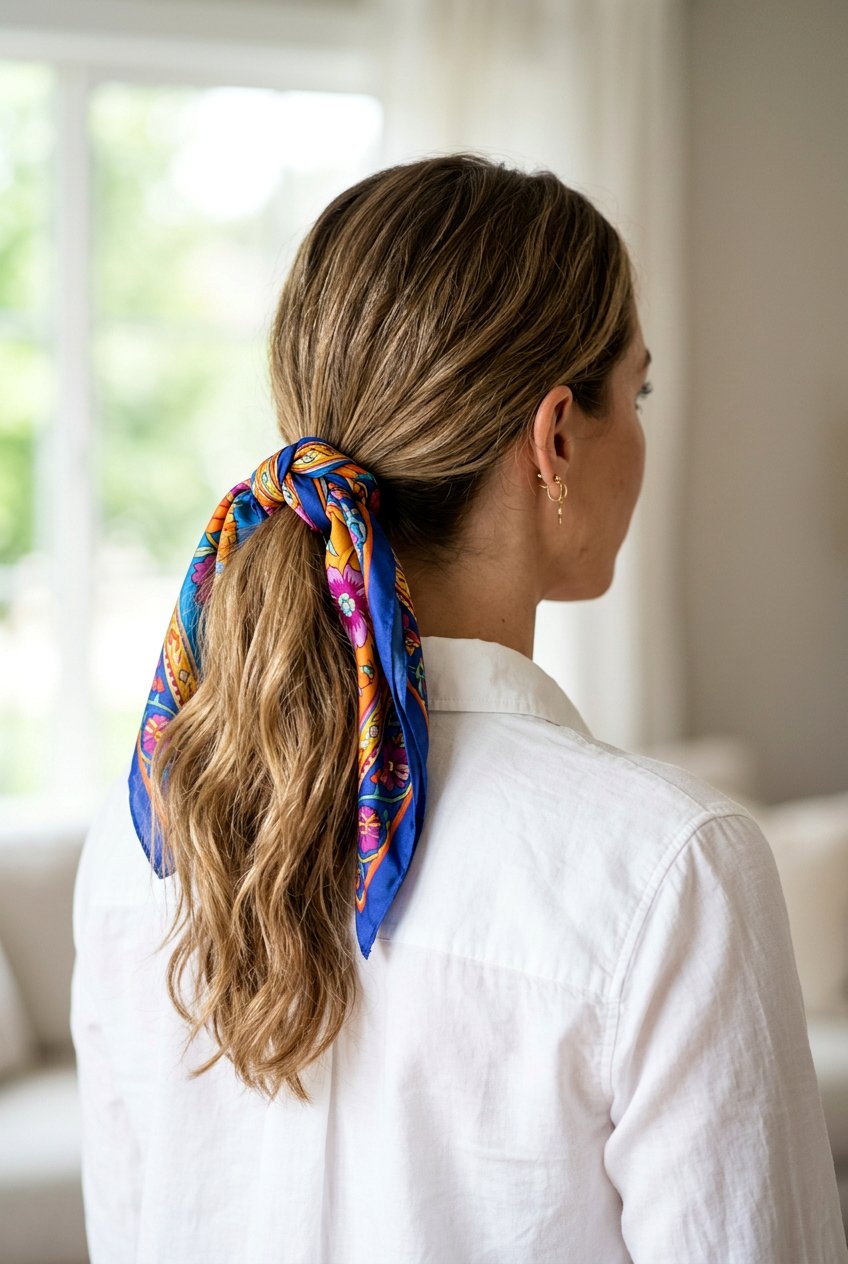 Scarf Tied Ponytail - 20 easy hairstyles for busy moms with medium hair - 20 easy hairstyles for busy moms with medium hair