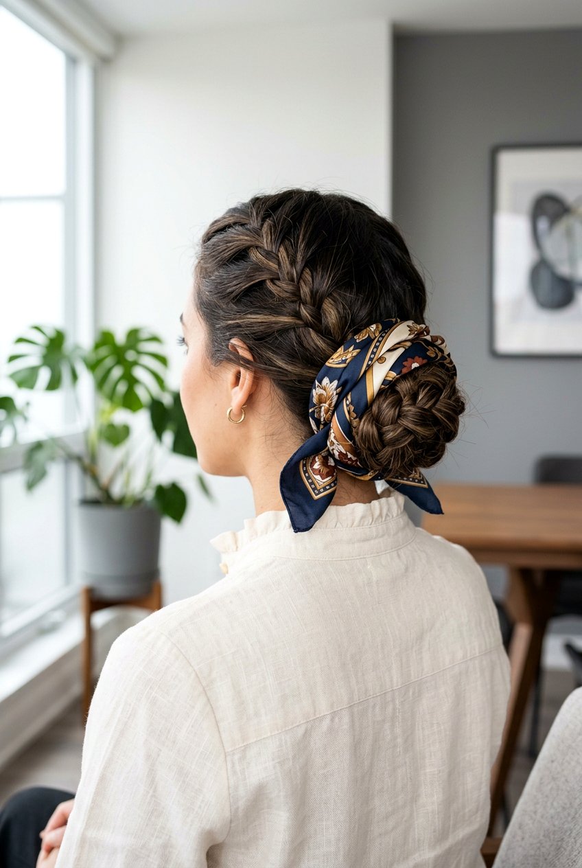 Scarf Wrapped Braided Bun - 20 braided scarf hairstyle - 20 braided scarf hairstyle