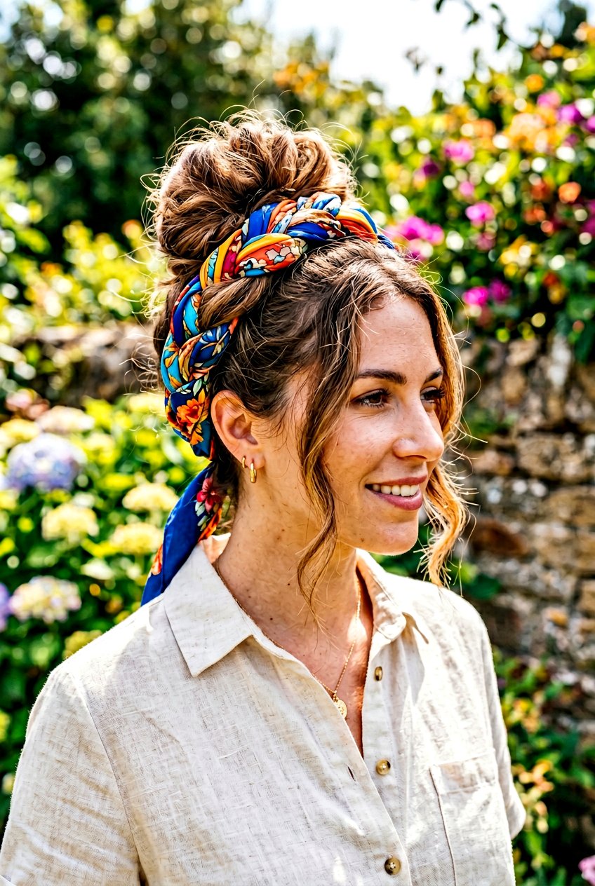 Scarf Wrapped Bun - 20 lazy day heatless hairstyle for women - 20 lazy day heatless hairstyle for women