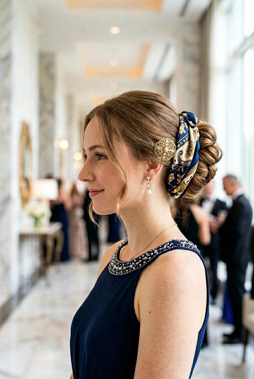 Scarf Wrapped Bun - 20 prom hairstyle for shoulder length fine hair - 20 prom hairstyle for shoulder length fine hair