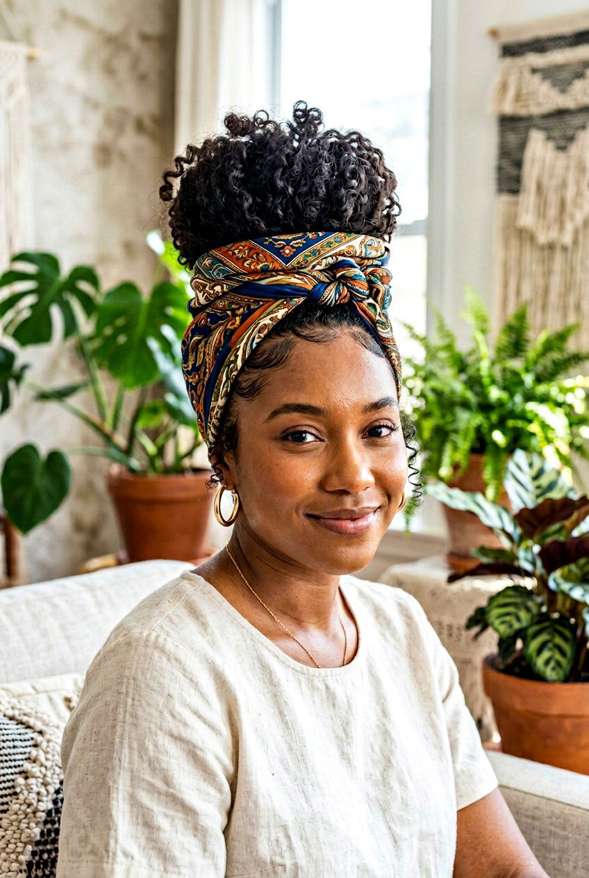 Scarf Wrapped Bun - 20 school hairstyle for naturally curly hair - 20 school hairstyle for naturally curly hair