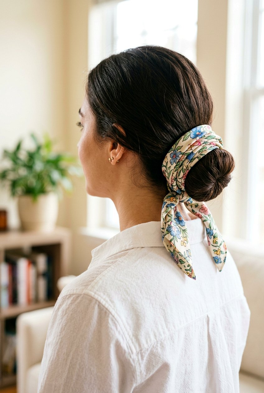 Scarf Wrapped Bun - 20 travel hairstyle for shoulder length hair - 20 travel hairstyle for shoulder length hair