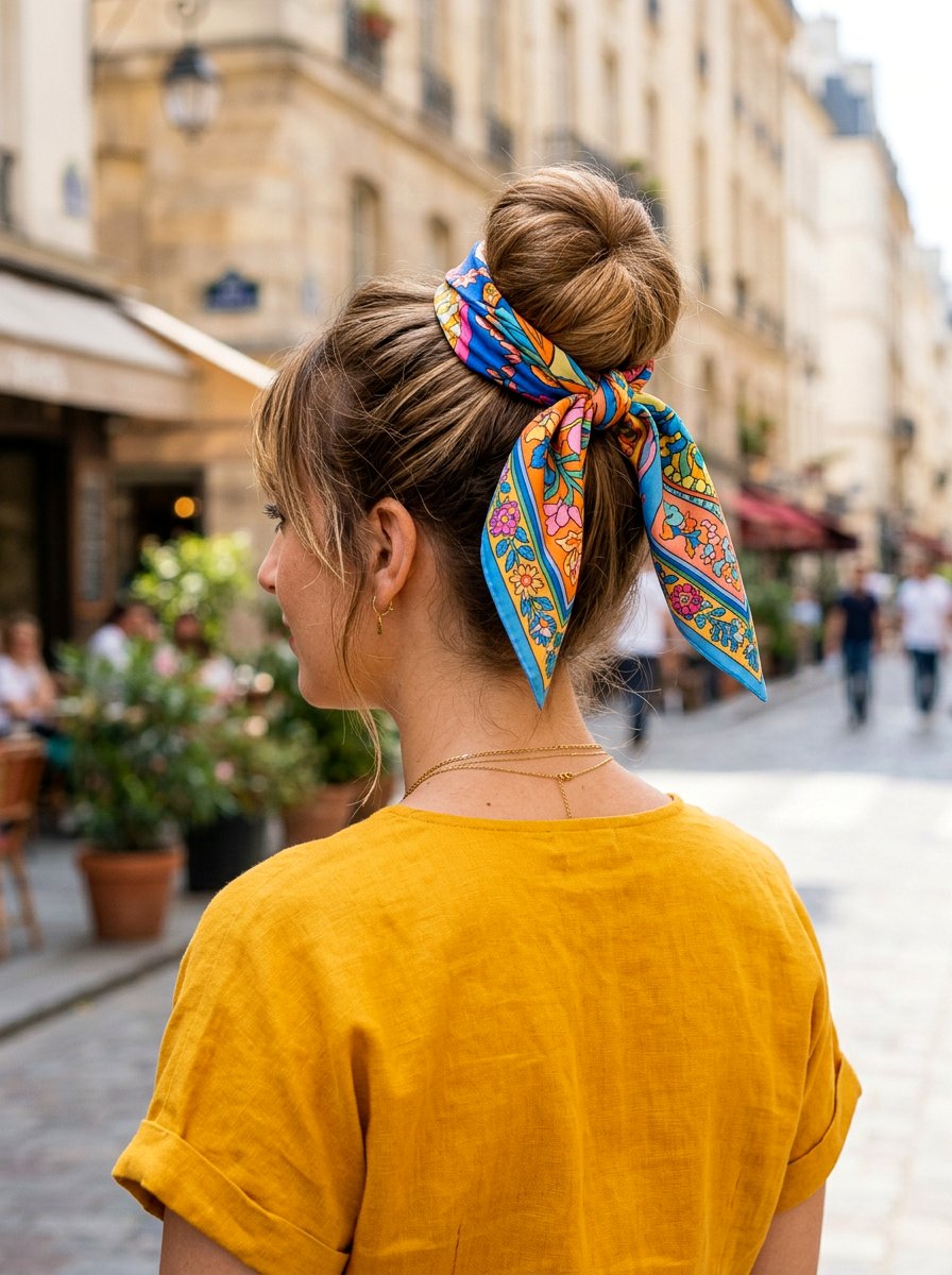 Scarf Wrapped Bun - 20 quick hairstyle for thick coarse hair - 20 quick hairstyle for thick coarse hair