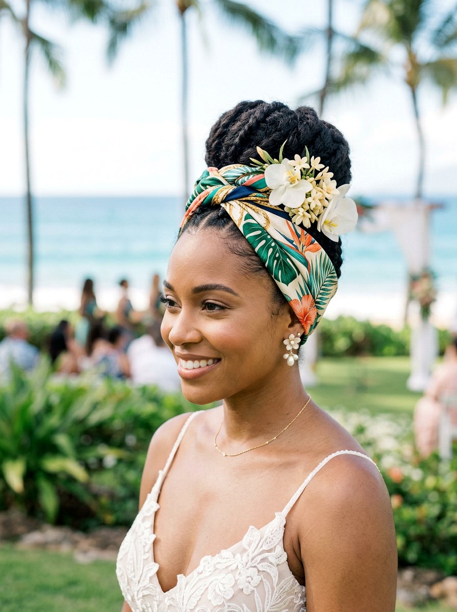 Scarf Wrapped Bun - 20 wedding hairstyles for beach ceremony - 20 wedding hairstyles for beach ceremony
