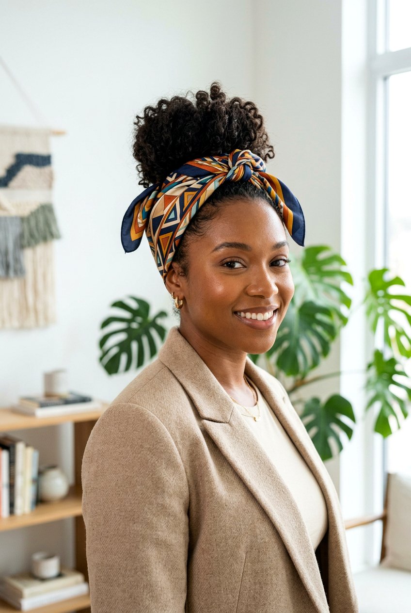 Scarf Wrapped Bun - 20 easy work hairstyle for long curly hair - 20 easy work hairstyle for long curly hair