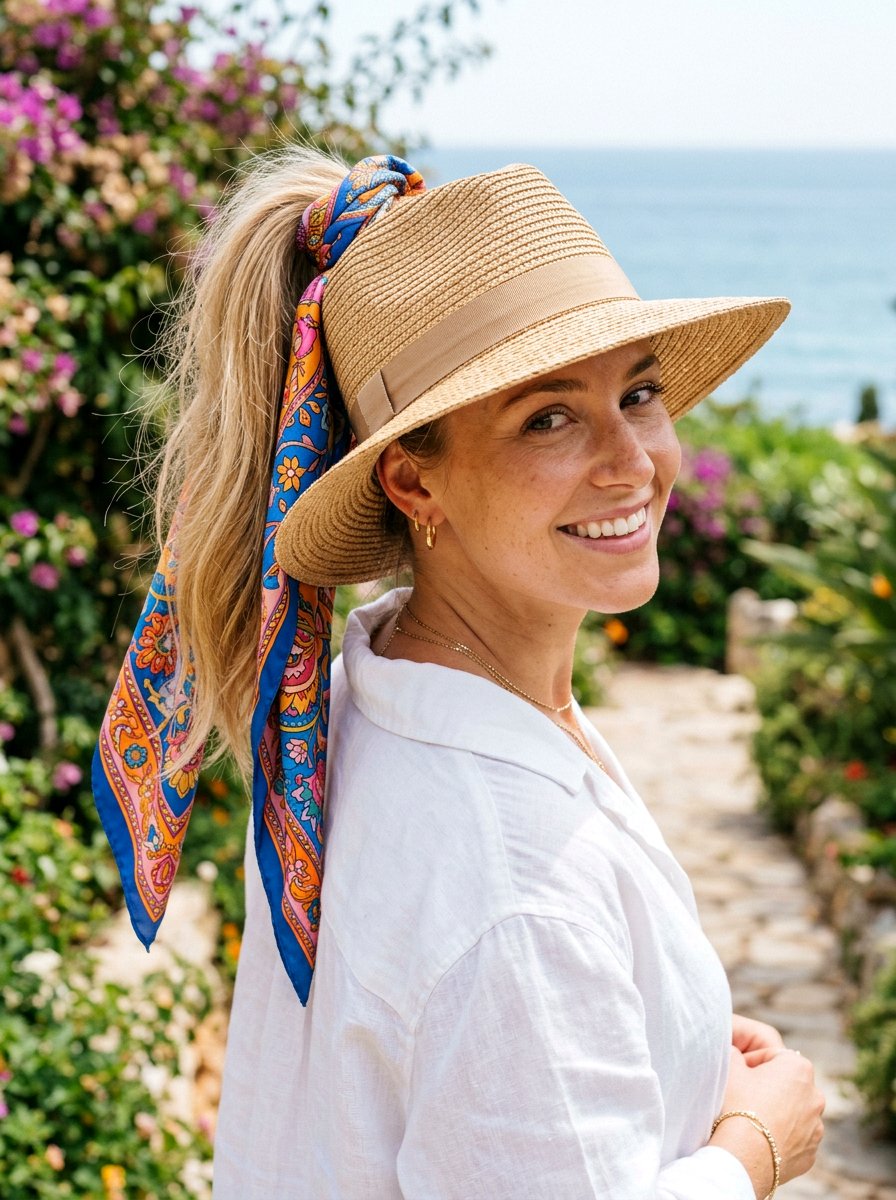 Scarf Wrapped High Ponytail - 20 vacation hairstyle for long curls - 20 vacation hairstyle for long curls